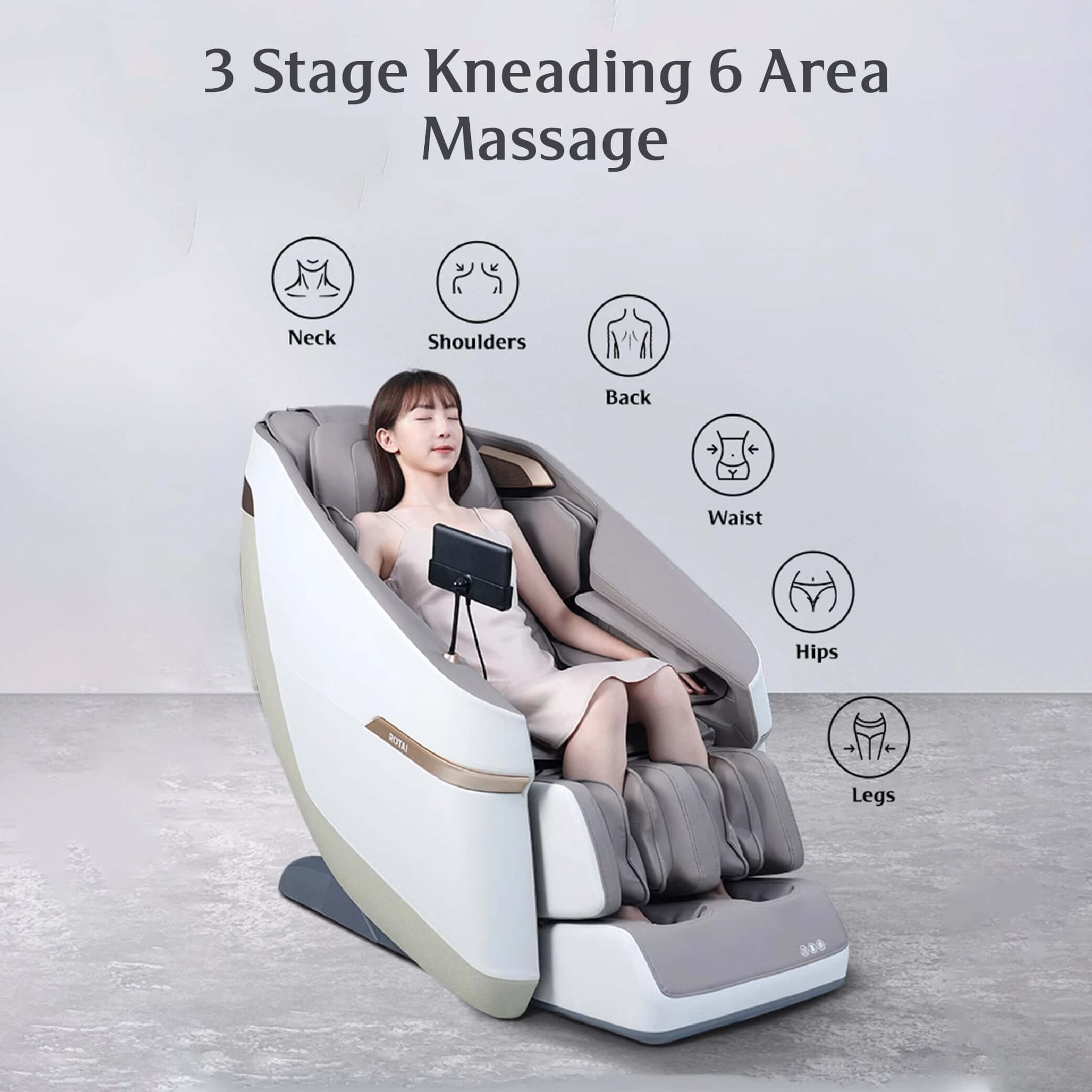 Woman relaxing in a Jimny Massage Chair demonstrating 3 stage kneading and 6 area massage for neck, shoulders, back, waist, hips, and legs
