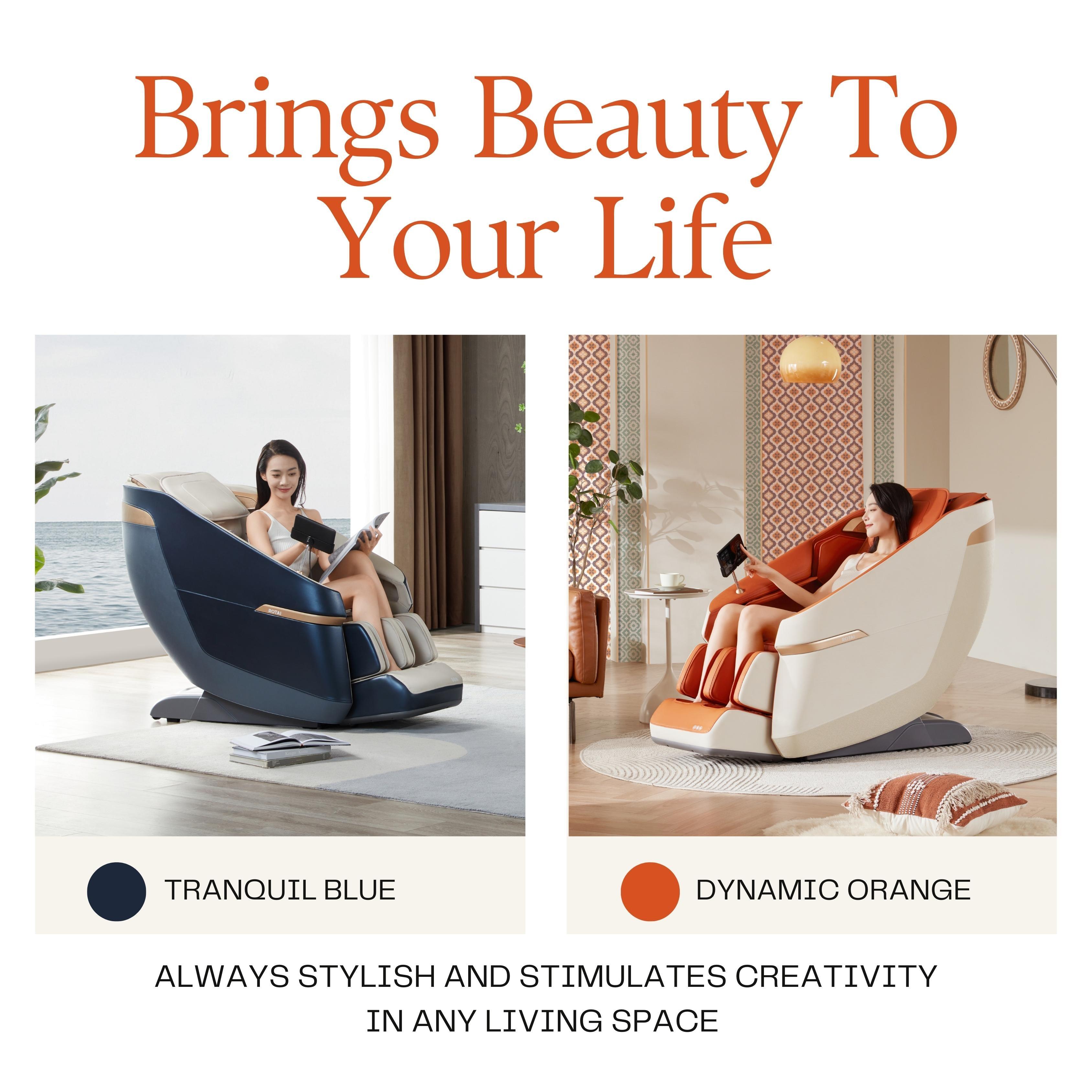 Two Jimny massage chairs - one in tranquil blue, one in dynamic orange, showcasing stylish design for ultimate relaxation. Best massage chair UAE.