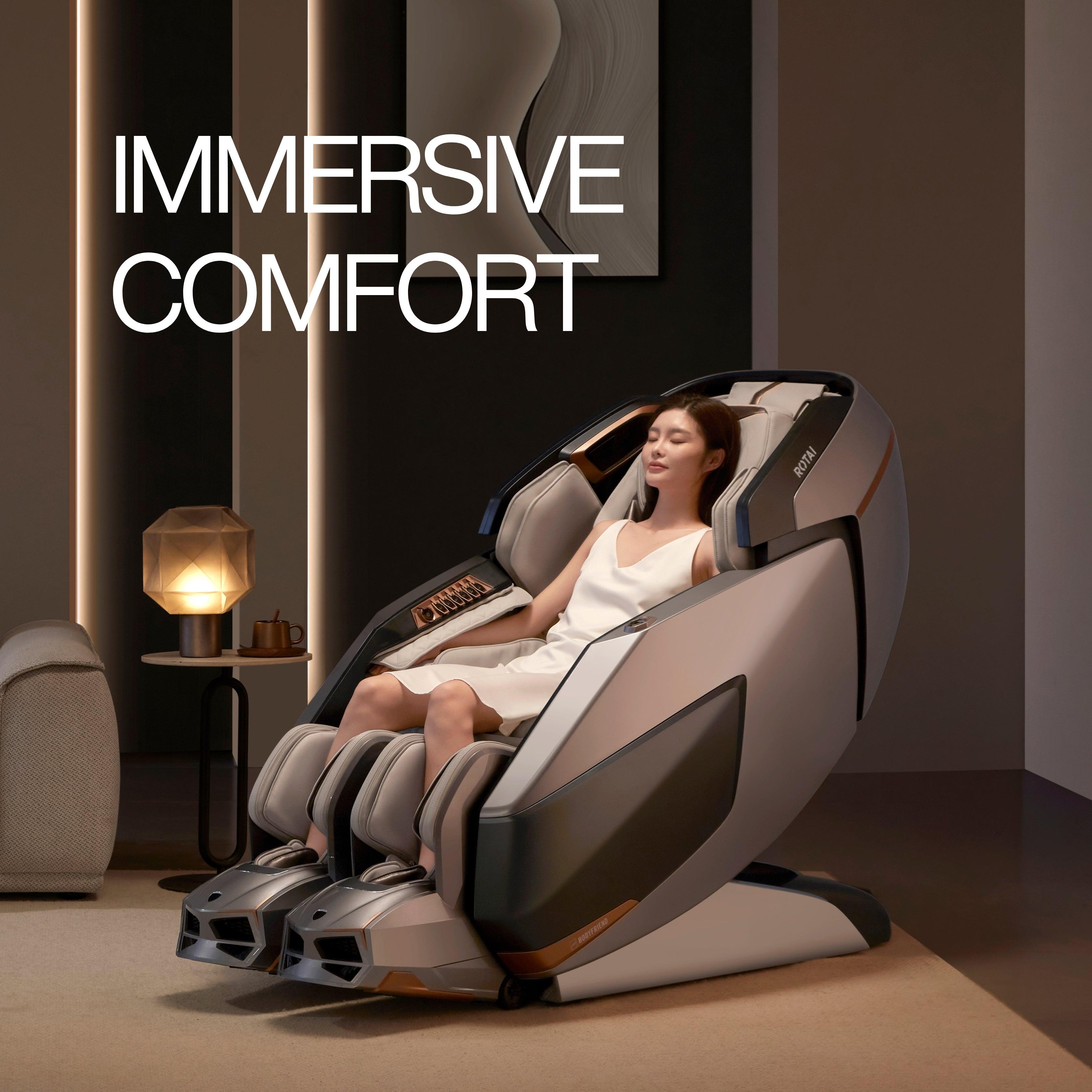 Woman enjoying immersive comfort in AI Robotic Massage Chair (Glacier Silver) with Rovo-Walking Technology. Best massage chair UAE.