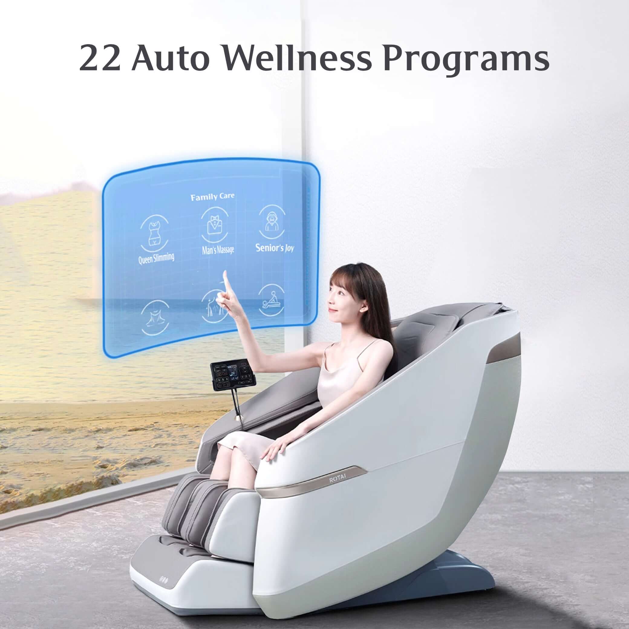 Woman using Jimny Massage Chair with 22 automatic wellness programs, best massage chair in UAE and Dubai for ultimate relaxation. best massage chair uae, massage chair Dubai, massage chair uae, massage chair Saudi Arabia, كرسي التدليك, Best massage chair 