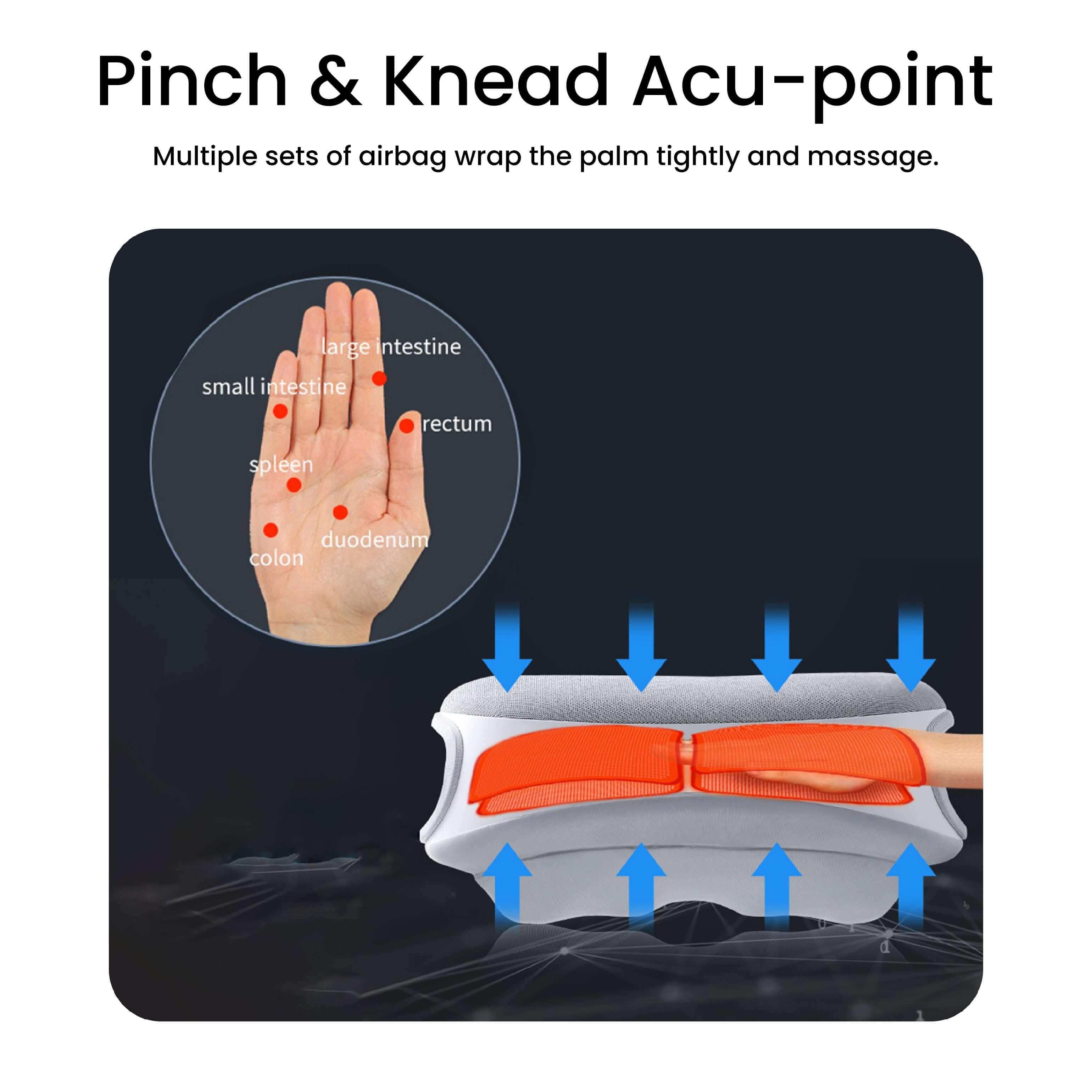 Hand and Abdomen Massager showing acupoint massage diagram with airbag wrap, labeled hand anatomy, promoting best massage chair in UAE and Dubai