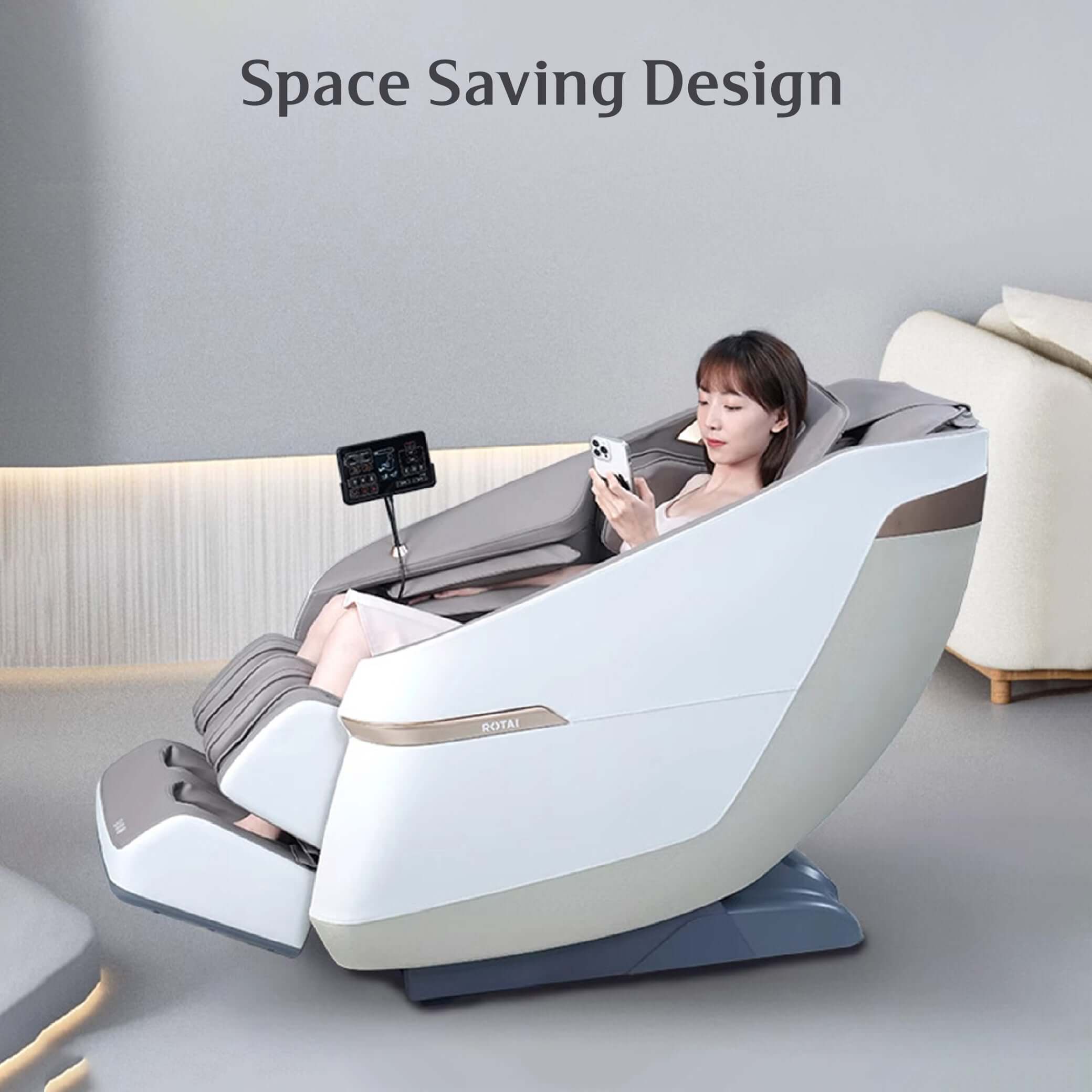 Woman using Jimny Massage Chair (Grey) with space-saving design, best massage chair in UAE, Dubai, كرسي مساج كهربائي for home relaxation.