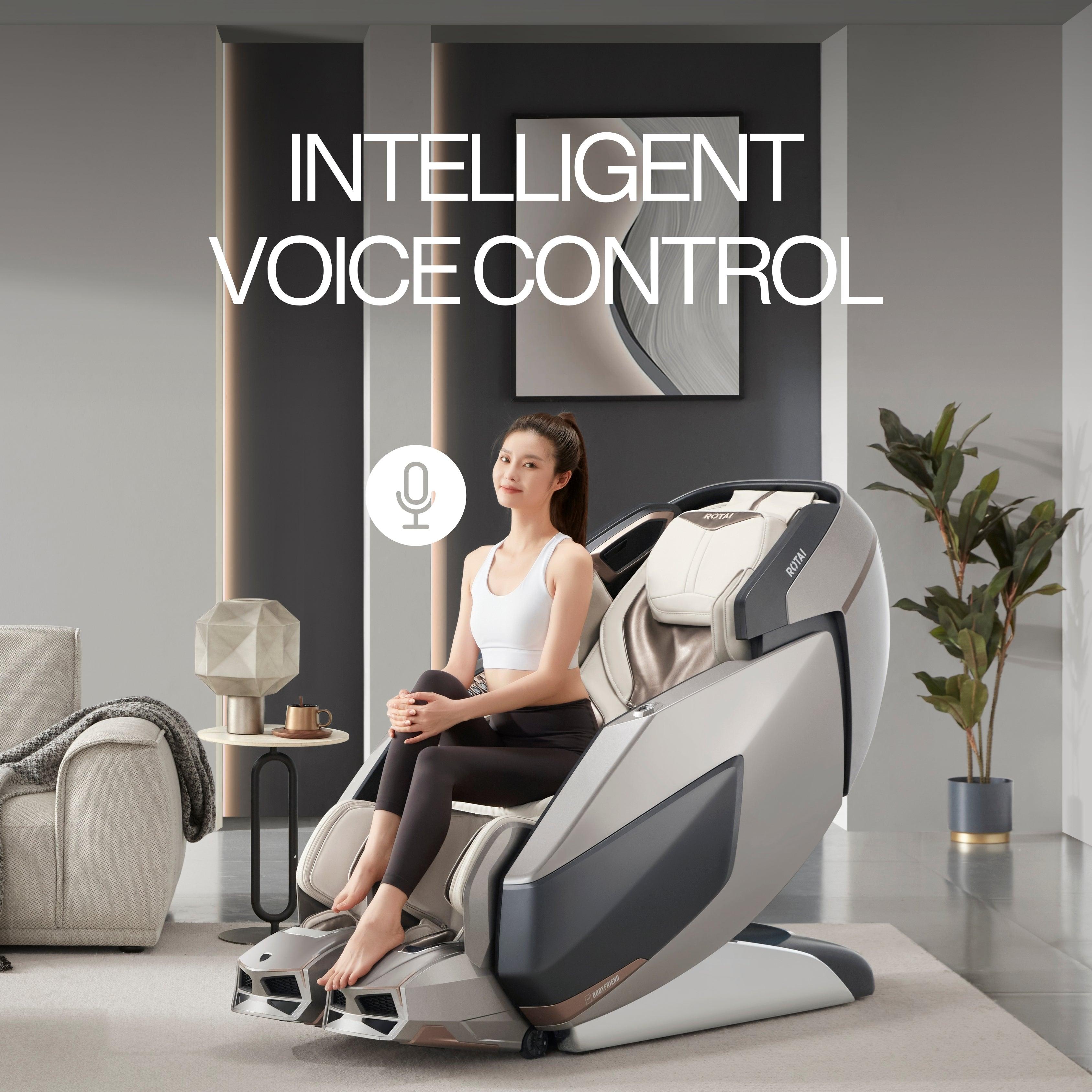 Woman enjoying AI Robotic Massage Chair (Glacier Silver) with intelligent voice control in a modern living room.