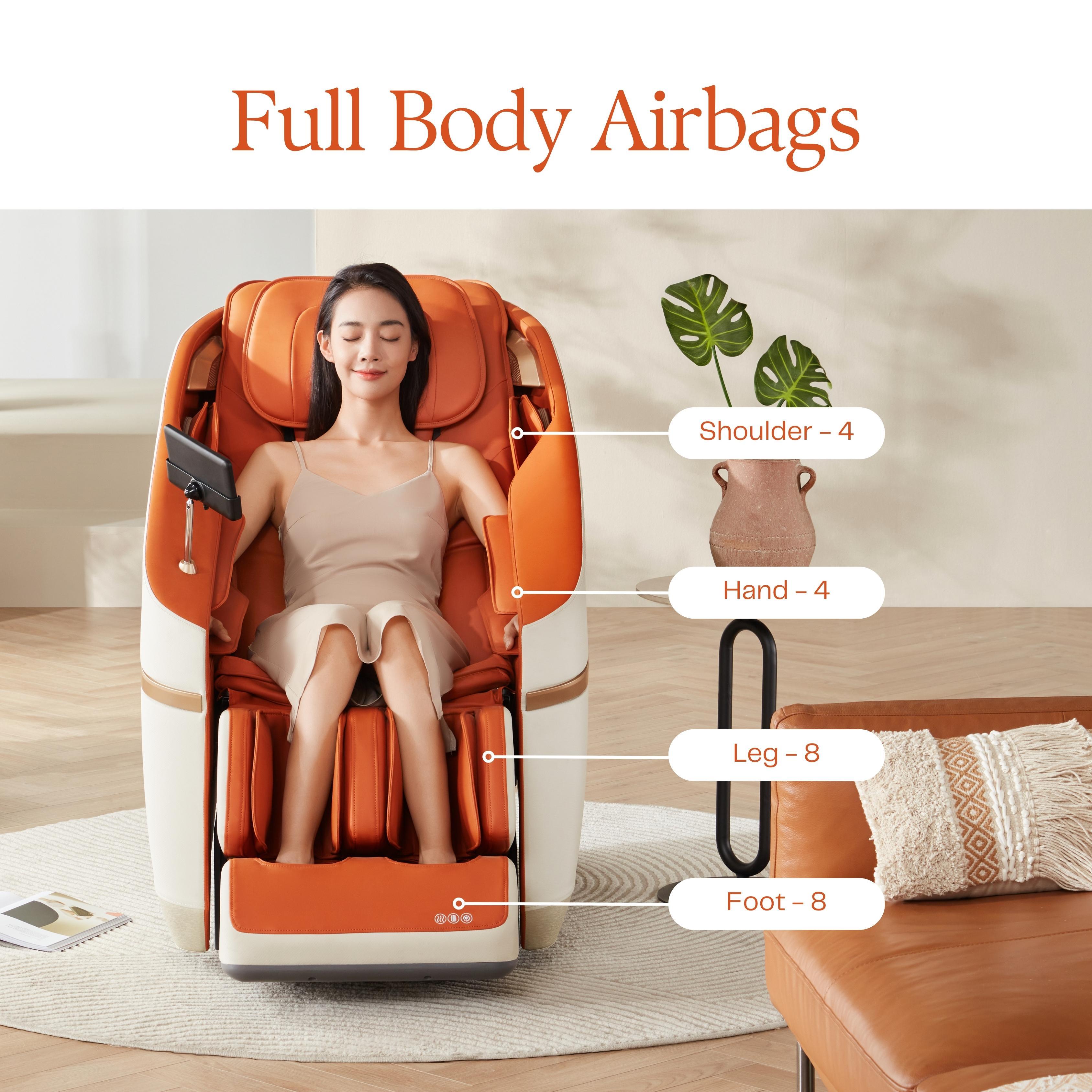 Woman enjoying orange massage chair with full body airbags showing shoulder, hand, leg, and foot massage points.