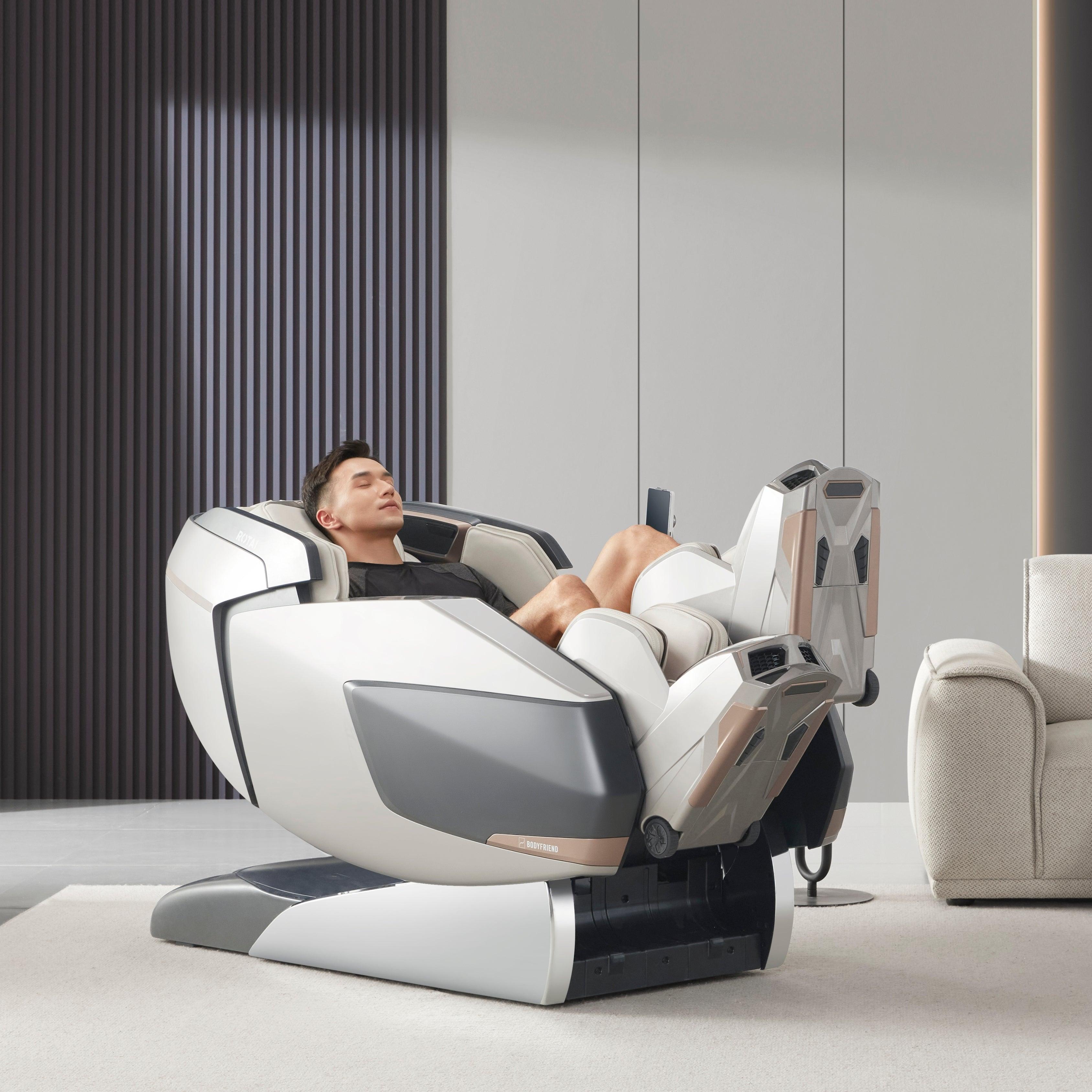 AI Robotic Massage Chair in Glacier Silver with Rovo Walking Technology, best massage chair in UAE, Dubai, enhancing lower body flexibility and circulation