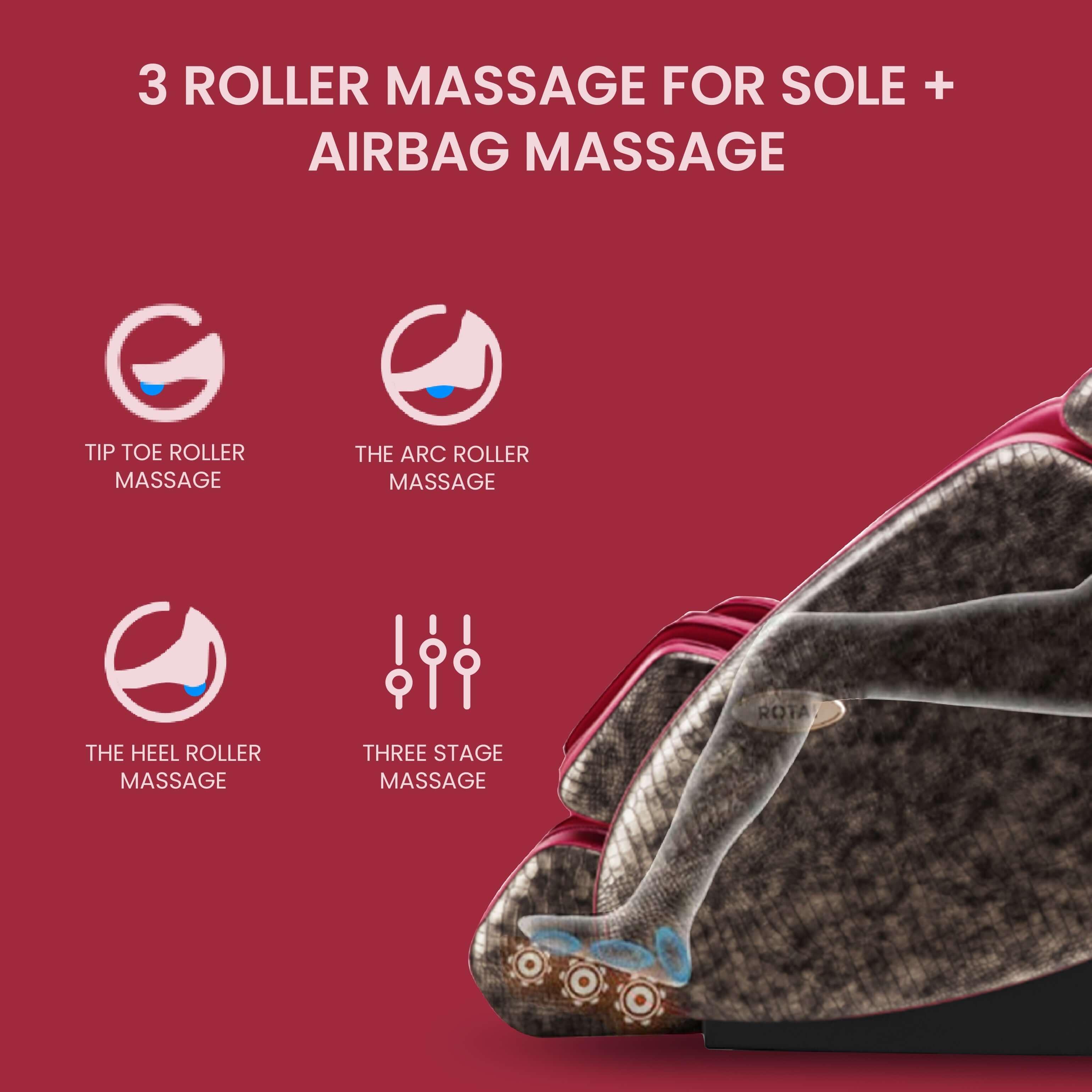 3 roller massage for sole and airbag massage feature of the best massage chair in UAE, providing tip toe, arc, heel roller, and three-stage massage\, best massage chair uae, massage chair Dubai, massage chair uae, massage chair Saudi Arabia, كرسي التدليك,