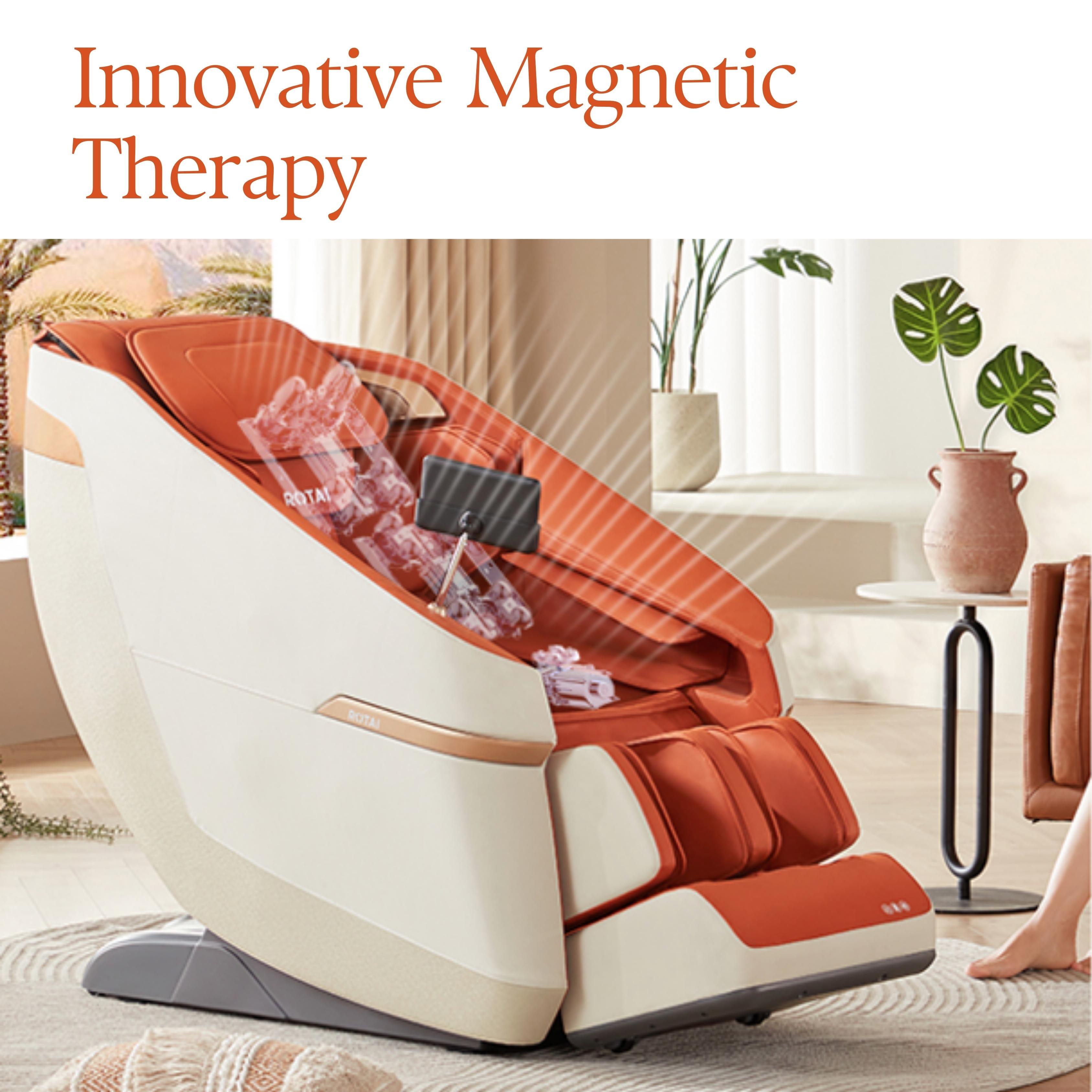 Orange Jimny Massage Chair with innovative magnetic therapy, best massage chair UAE, massage chair Dubai, relaxation seat in modern room.