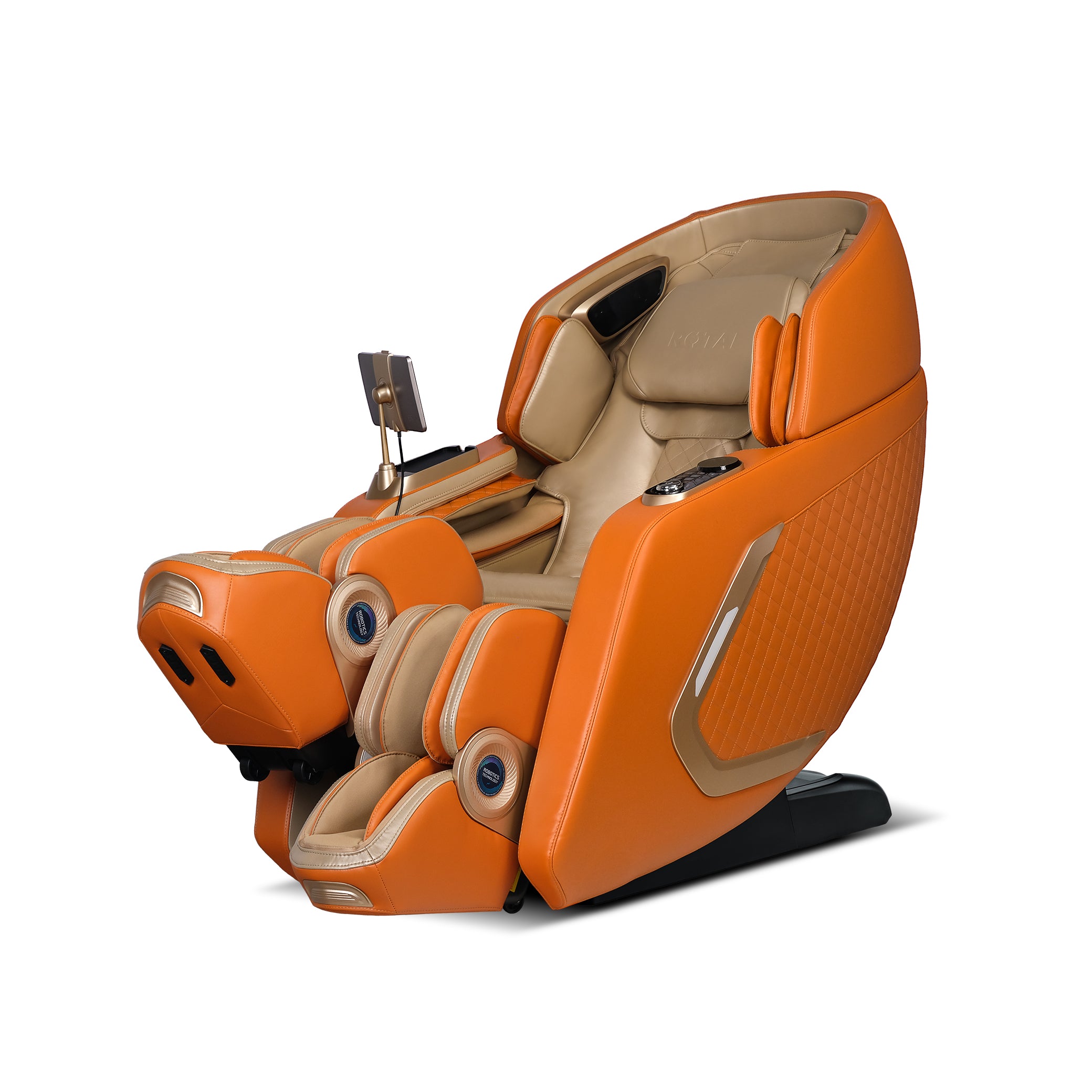 Orange massage chair with beige accents on a white background, Rotai - Best Massage Chair in Dubai, UAE - Shop massage chairs in Abu Dhabi, UAE, Saudi Arabia كرسي التدليك