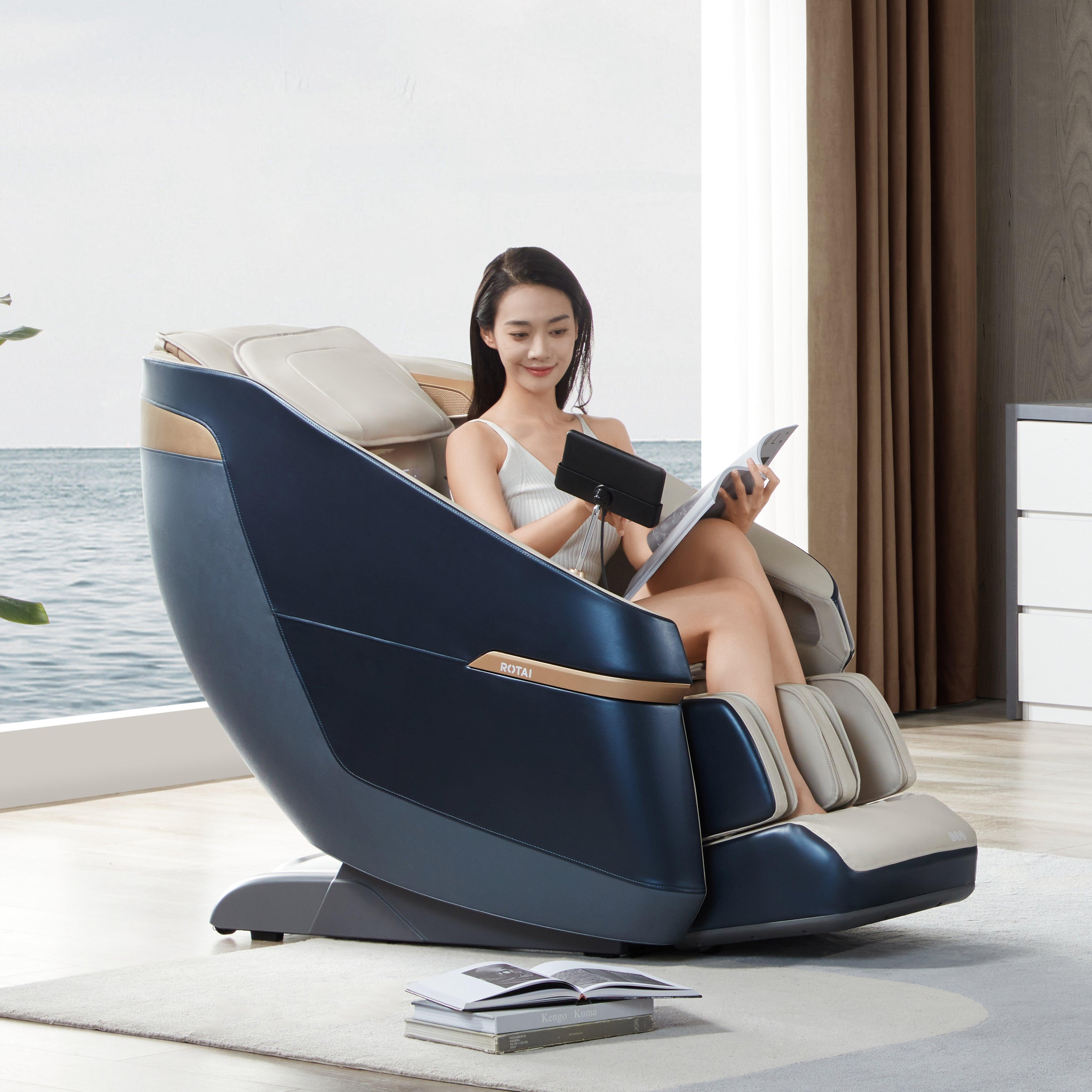 Woman enjoying relaxation in Jimny blue massage chair with 1-Press Start Rocking feature, best massage chair in UAE, Dubai massage chair shop.
