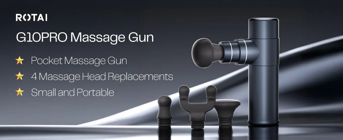 G10PRO massage gun with four interchangeable heads, small and portable, on dark background