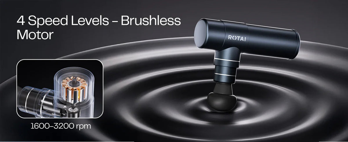 Black handheld massage gun with brushless motor, four speed levels, and detailed motor close-up.