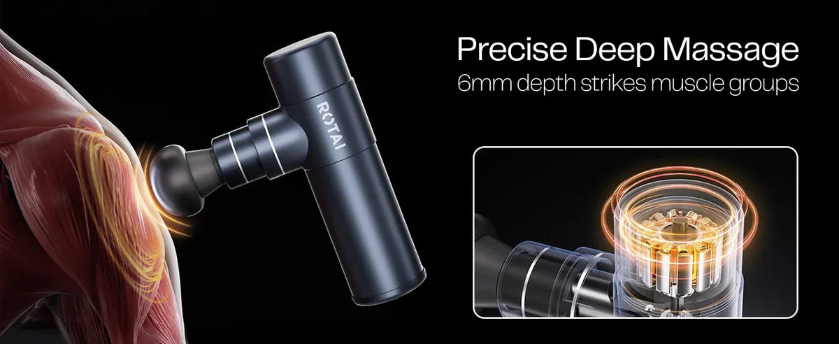 Massage gun targeting shoulder muscles for deep tissue relief, precise 6mm depth action