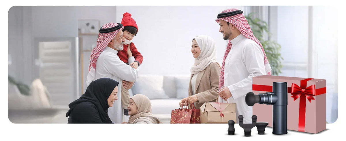 Smiling Middle Eastern family exchanging gifts at home with massage gun gift set in foreground