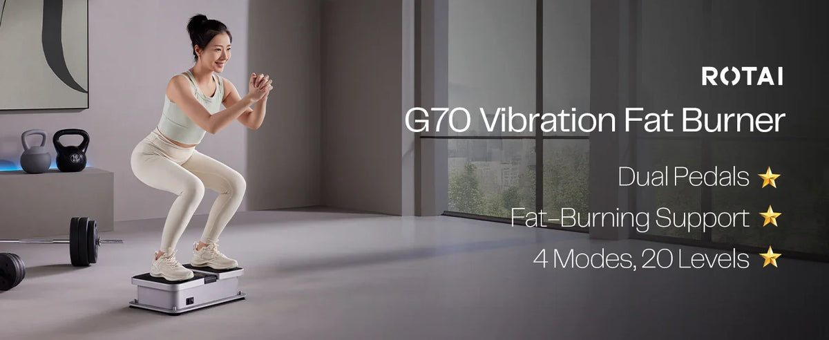 Woman exercising on G70 vibration fat burner platform in modern home gym with kettlebells and weights