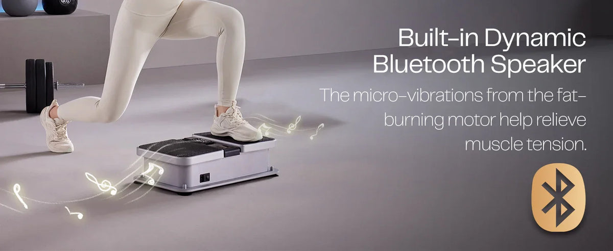 Woman using a vibration plate exercise machine with built-in Bluetooth speaker in a gym setting
