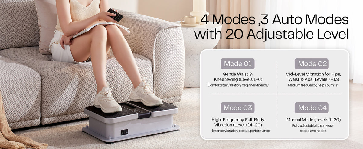 Woman using a foot and leg vibration massager machine with remote control on living room floor