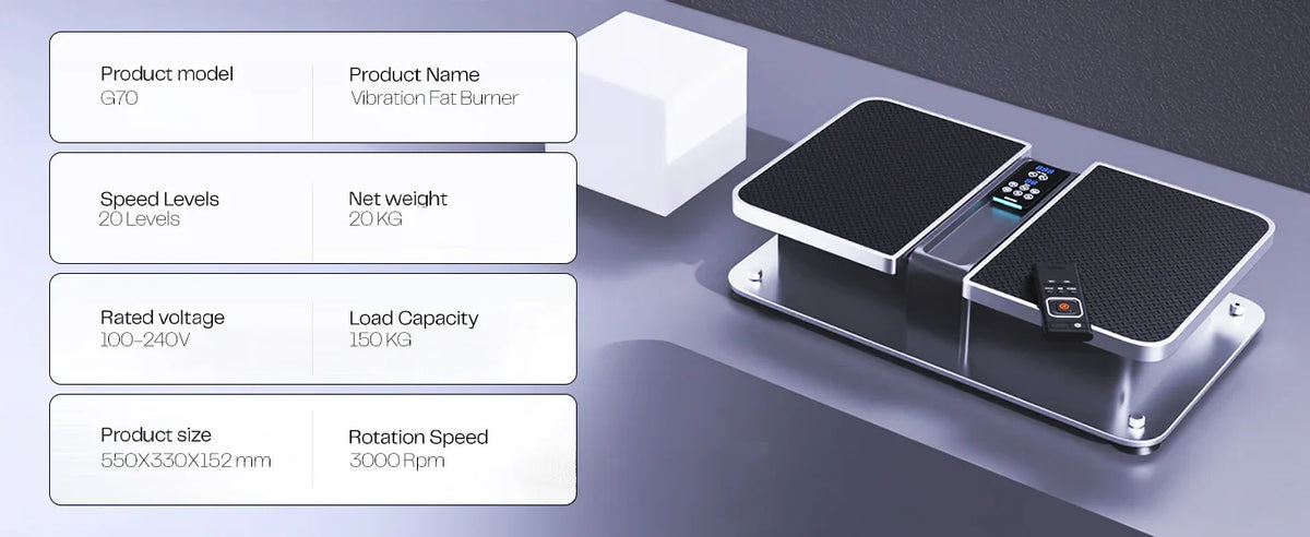 G70 vibration fat burner platform with remote control, digital display, and product specs