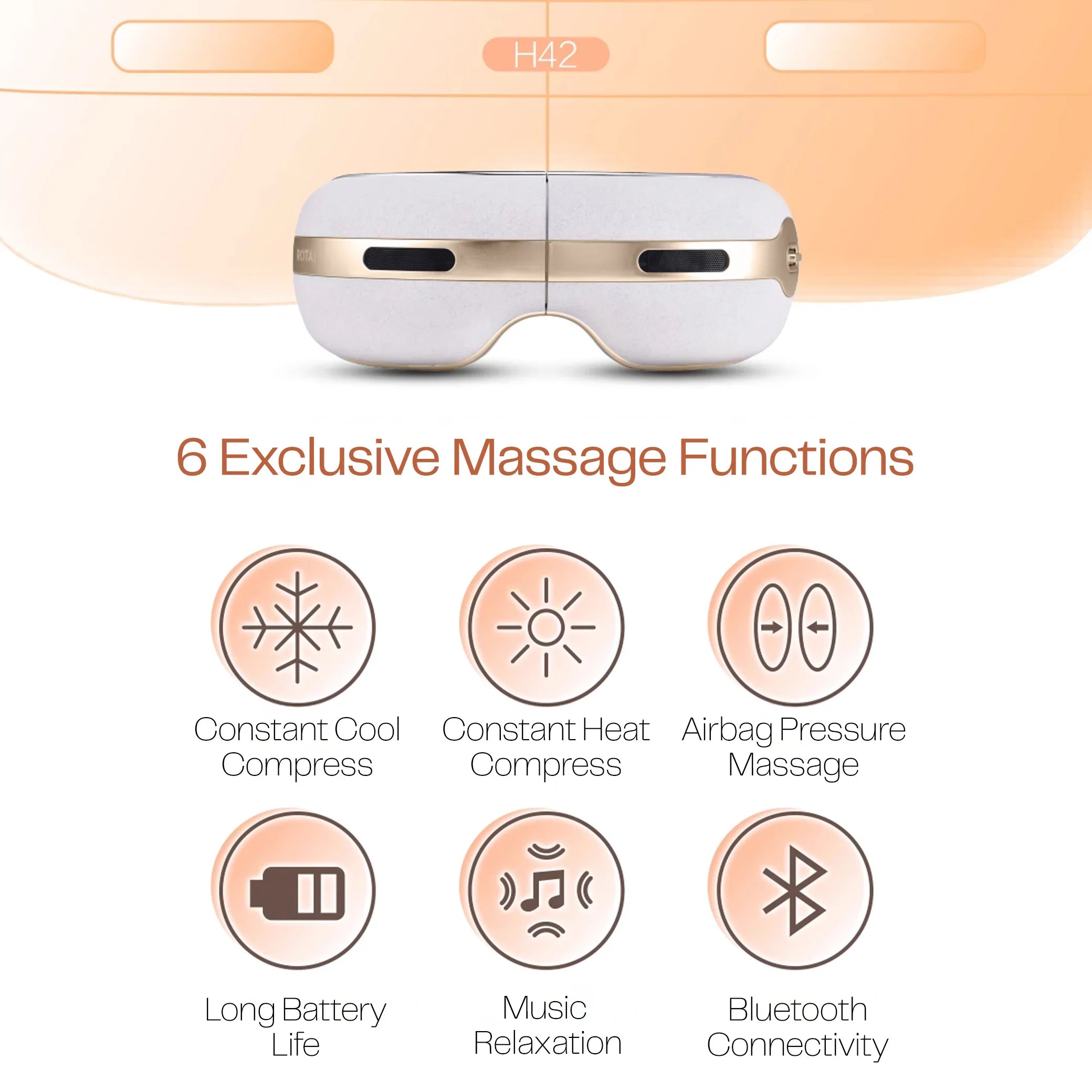 H42 eye massager with six features: cool and heat compress, airbag massage, long battery, music relaxation, bluetooth