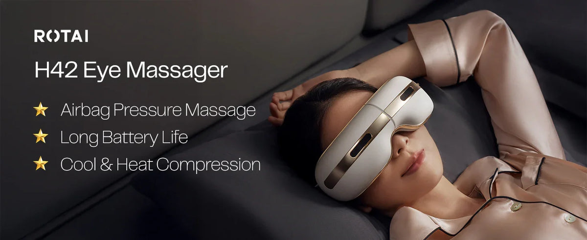 Woman relaxing with H42 eye massager, featuring airbag massage and heat compression