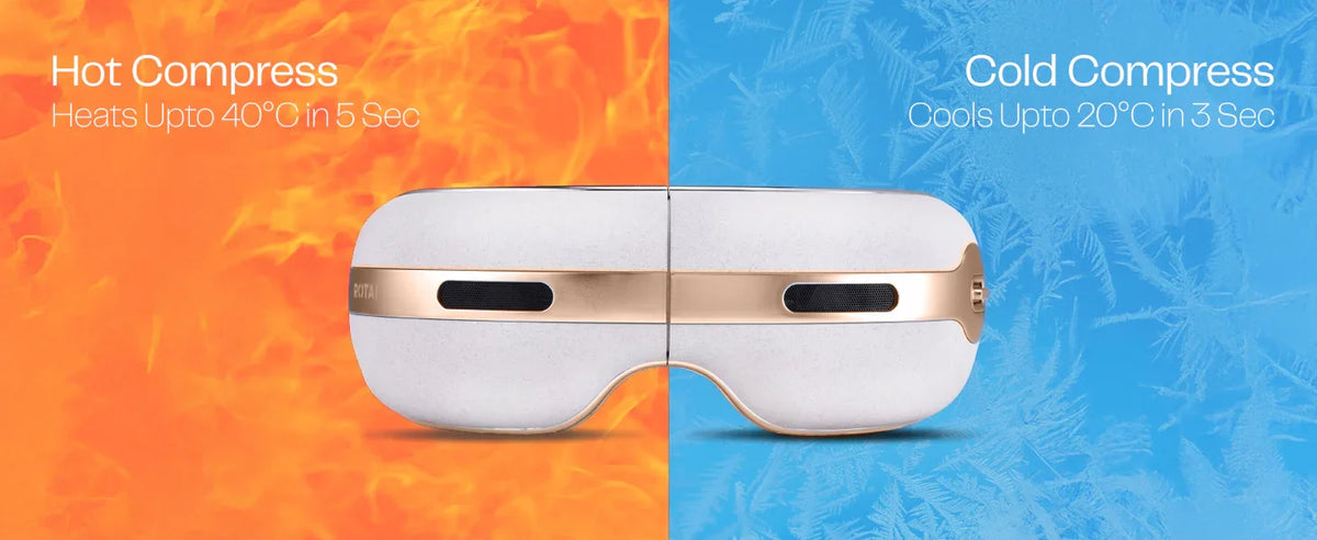 White and gold eye massager device showing hot compress on left, cold compress on right, fire and ice background