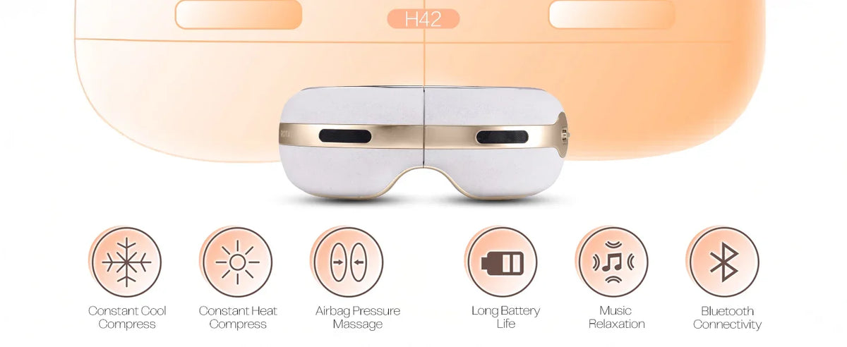 White and gold H42 eye massager with cooling, heating, airbag massage, and Bluetooth features