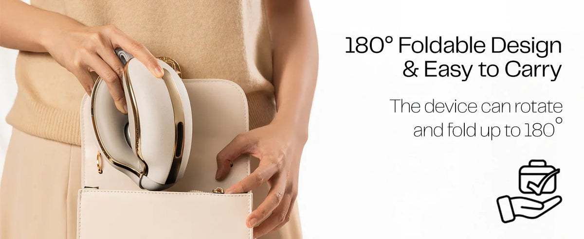 Person placing a foldable eye massager with 180-degree rotation into a beige handbag