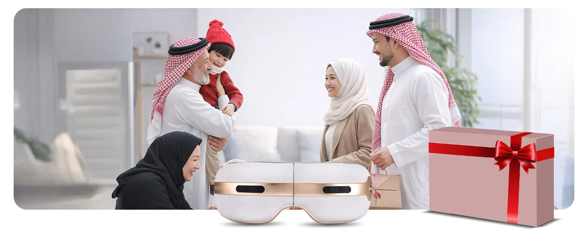 Family exchanging gifts with white and gold eye massager and present box in living room