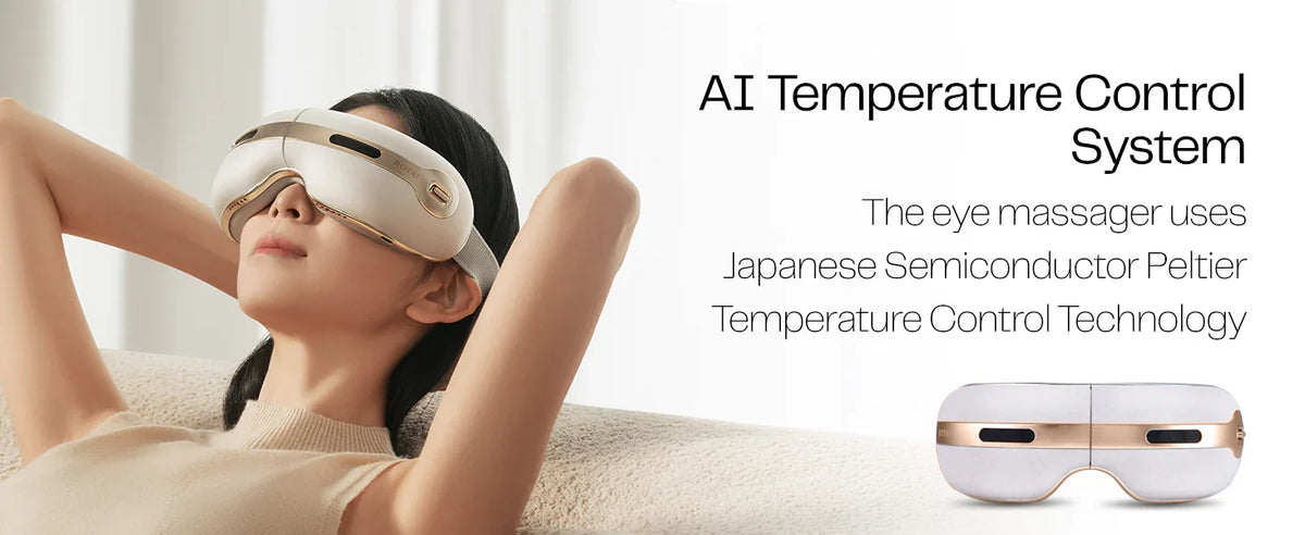 Woman relaxing with white AI temperature control eye massager, showcasing modern eye care device