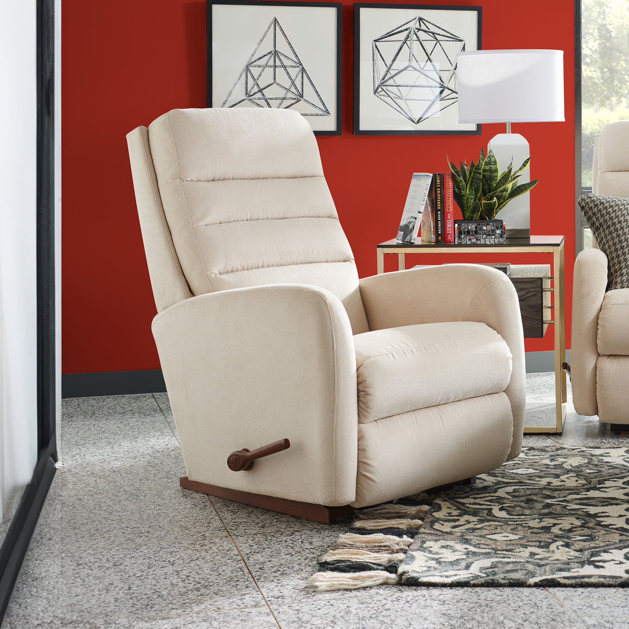 La-Z-Boy Forum Manual Rocker Recliner in a contemporary living room setting with decorative stitching. Shop Lazy Boy Recliners in Dubai, UAE.