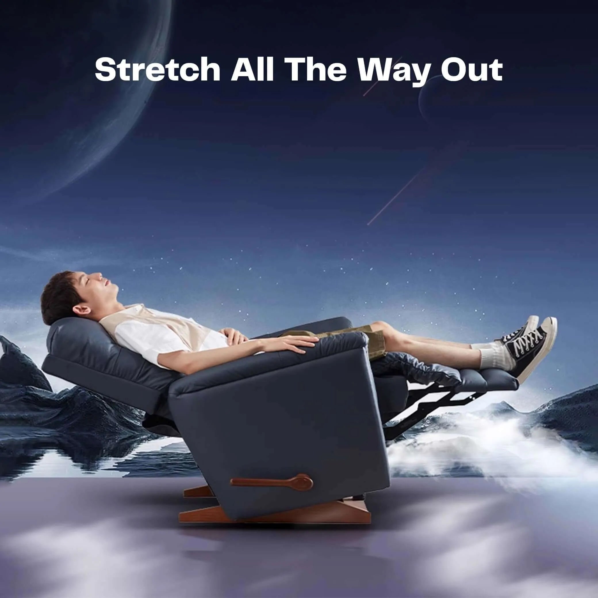 Lazy Boy Parker Recliner with person fully reclined against starry sky backdrop, Best Recliner in UAE, Shop Recliner UAE, Lazy Boy Recliners. best recliner shop in uae أريكة كرسي, Best Recliners in UAE, Buy recliners UAE, fast delivery, Recliner UAE | Rec