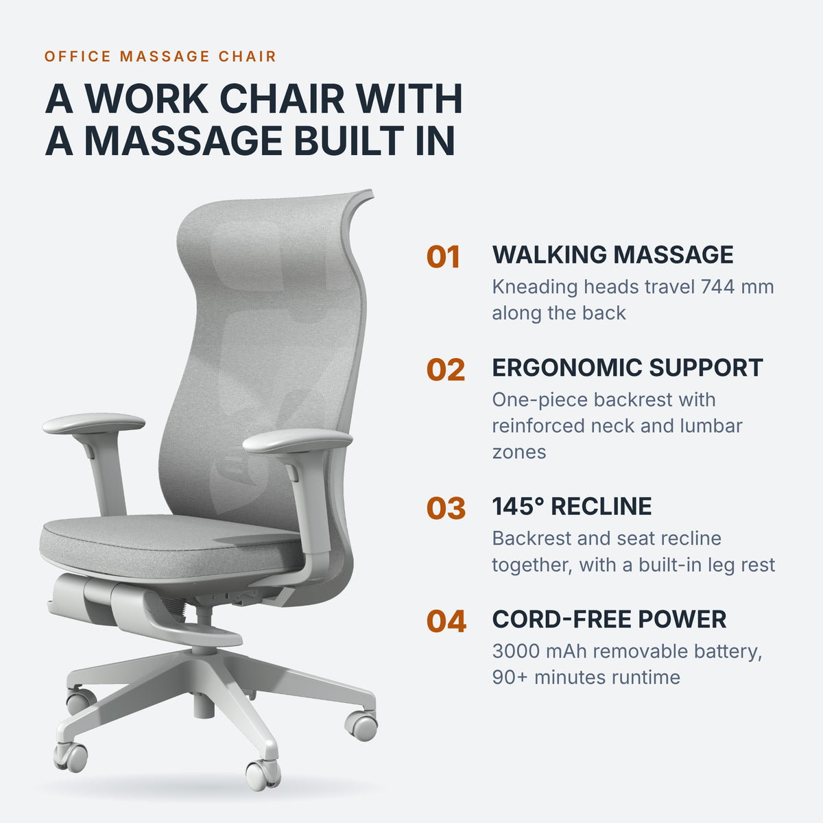 Rotai M320 key features: walking massage, ergonomic support, 145° recline, cord-free power