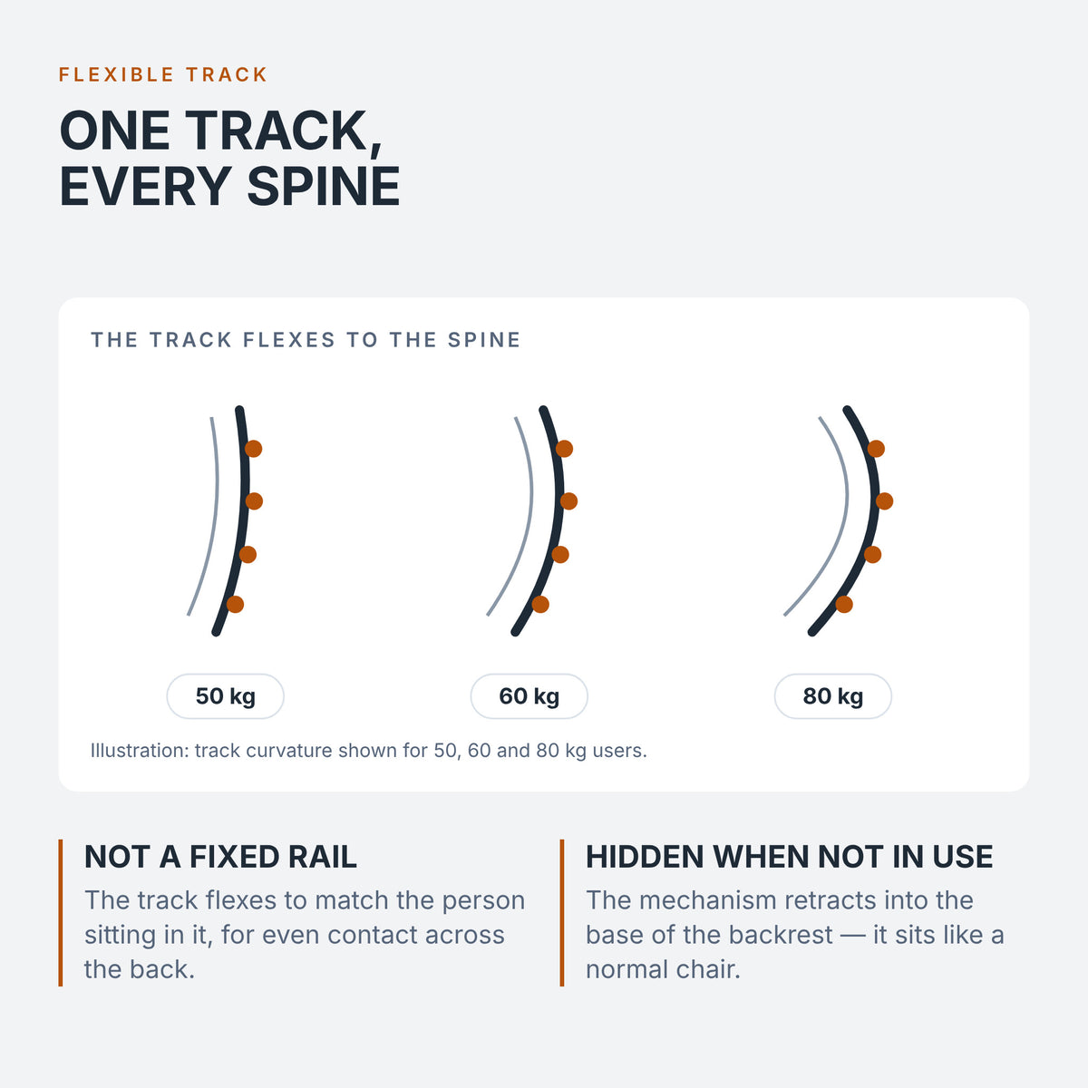 Flexible massage track that follows the curve of the spine