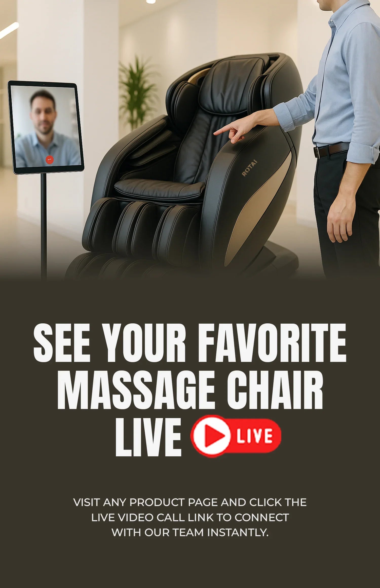 ROTAI massage chair demo via live video call with blurred man on screen in modern showroom