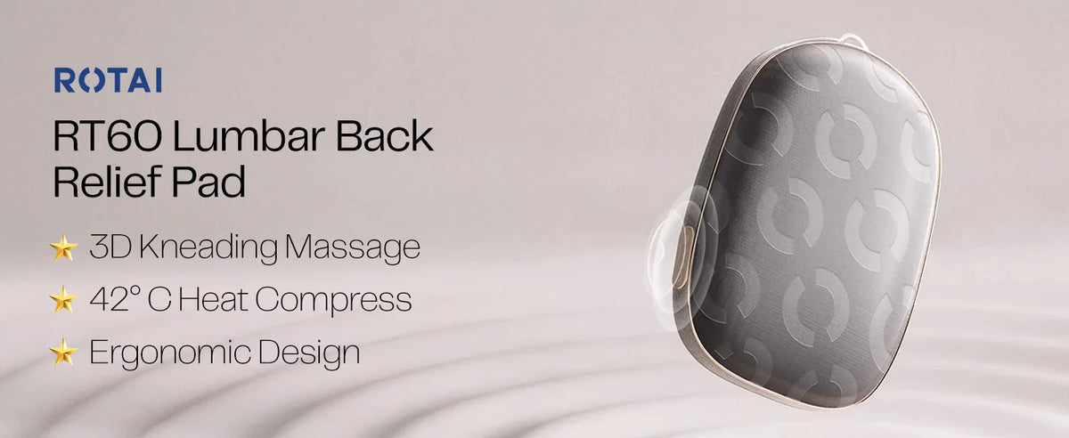 RT60 lumbar back relief pad with ergonomic design, 3D kneading massage, and heat compress