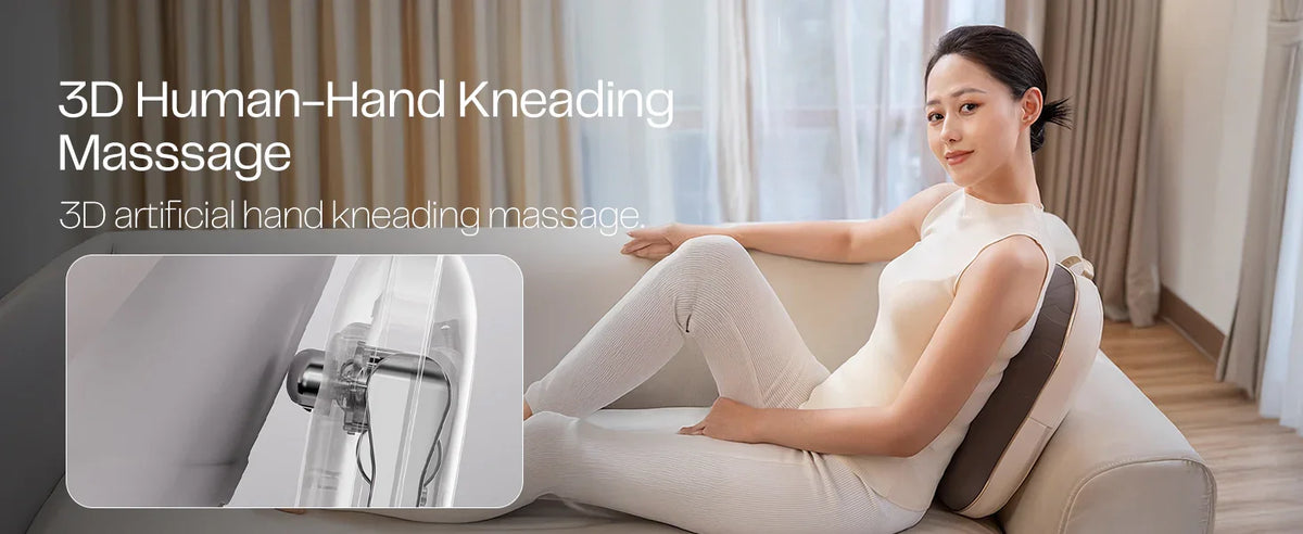 Woman using a 3D kneading massage cushion for back relaxation on a sofa in a bright room