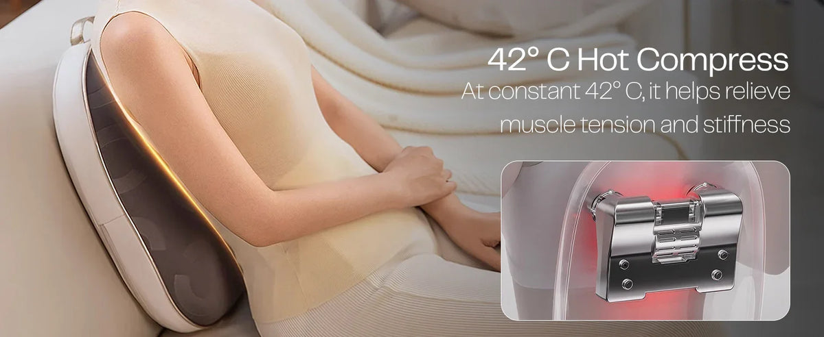 Woman using back massager with 42°C hot compress function for muscle tension relief
