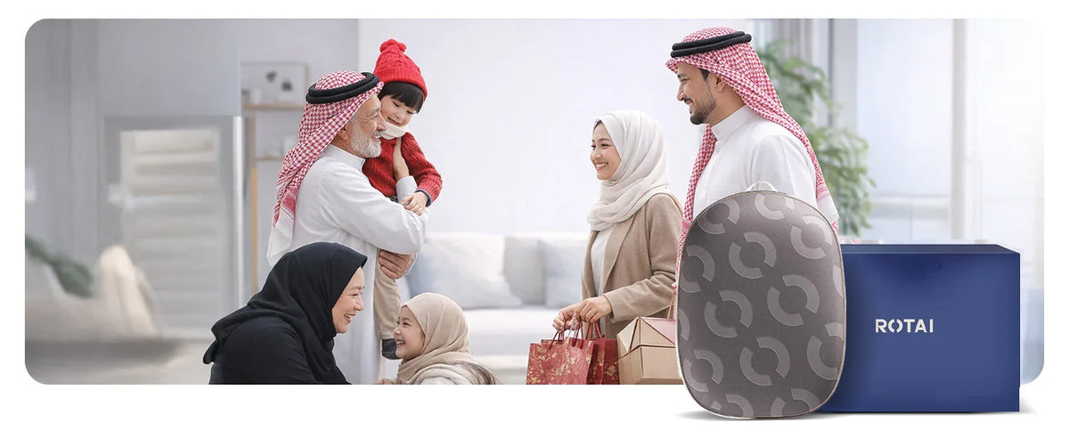 Smiling Middle Eastern family exchanging gifts at home with Rotai massage cushion box nearby