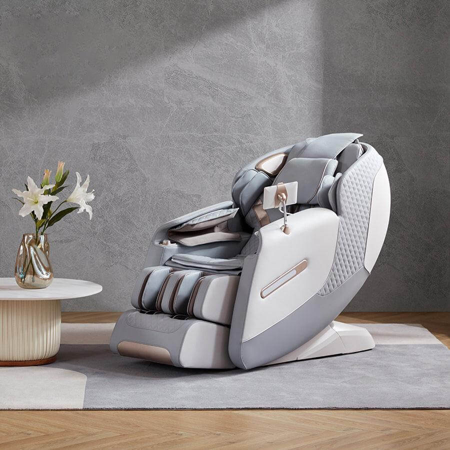 Royal Omega Massage Chair in grey by Rotai, offering 4D robotic massage, airbag intensity adjustment, and local heat therapy. Best massage chair in Dubai, UAE, Saudi Arabia. كرسي التدليك