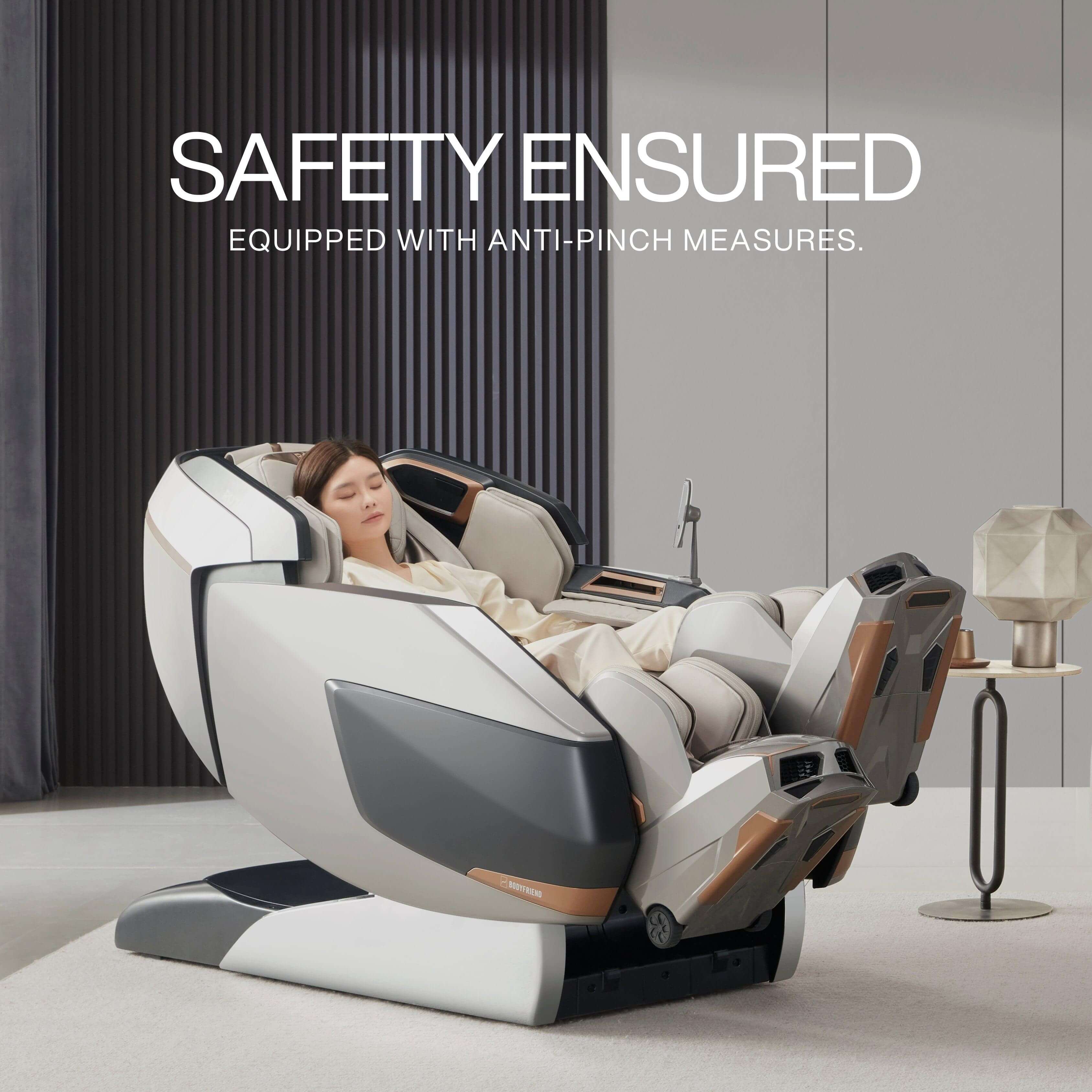 AI robotic massage chair in glacier silver providing a relaxing massage, equipped with anti-pinch safety measures, best massage chair uae, massage chair Dubai, massage chair uae, massage chair Saudi Arabia, كرسي التدليك, Best massage chair in Dubai UAE, b