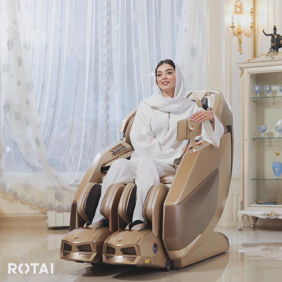 Woman enjoying the AI Robotic Massage Chair in Sleek Golden with full body airbags and Rovo Walking Technology in Dubai. Best massage chair UAE. best massage chair uae, massage chair Dubai, massage chair uae, massage chair Saudi Arabia, كرسي التدليك, Best
