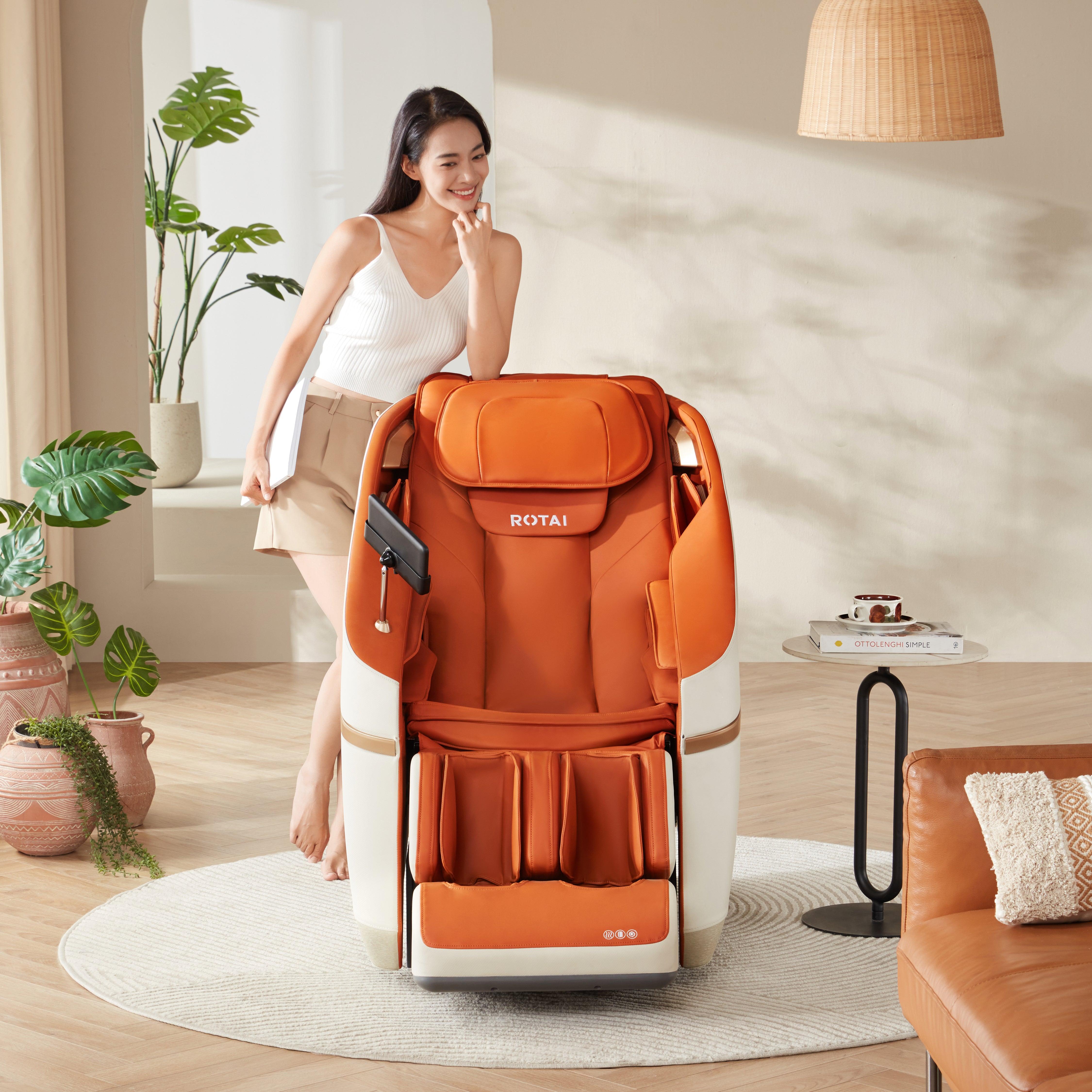 Woman standing next to orange Jimny massage chair with 10-year warranty, available at massage chair shop in Dubai, UAE.