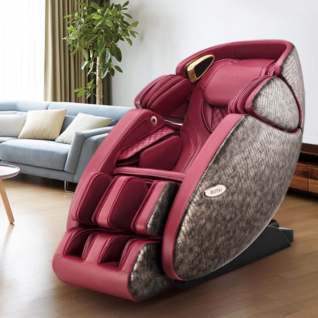 High-tech red and grey yoga massage chair with auto-extending footrest, perfect for deep body stretches; Best Massage Chair in UAE, Dubai, كرسي مساج كهربائي. best massage chair uae, massage chair Dubai, massage chair uae, massage chair Saudi Arabia, كرسي 
