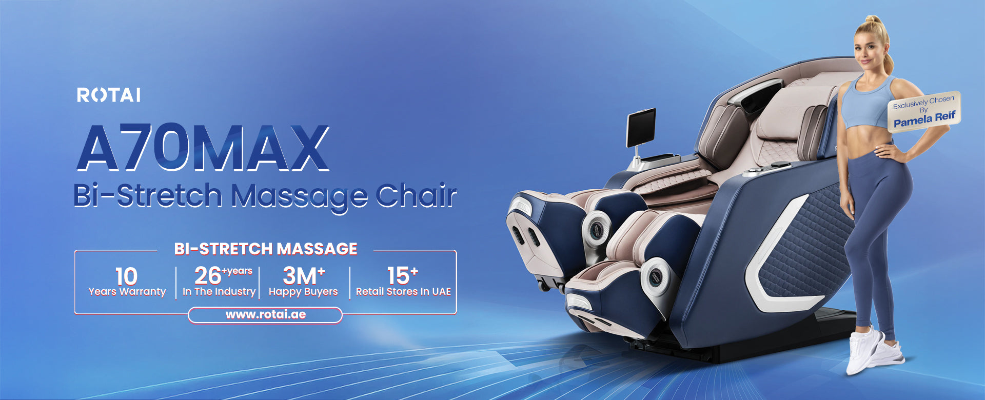 Advertisement for Rotai A70MAX Bi-Stretch Massage Chair with a woman standing next to it on a blue gradient background.