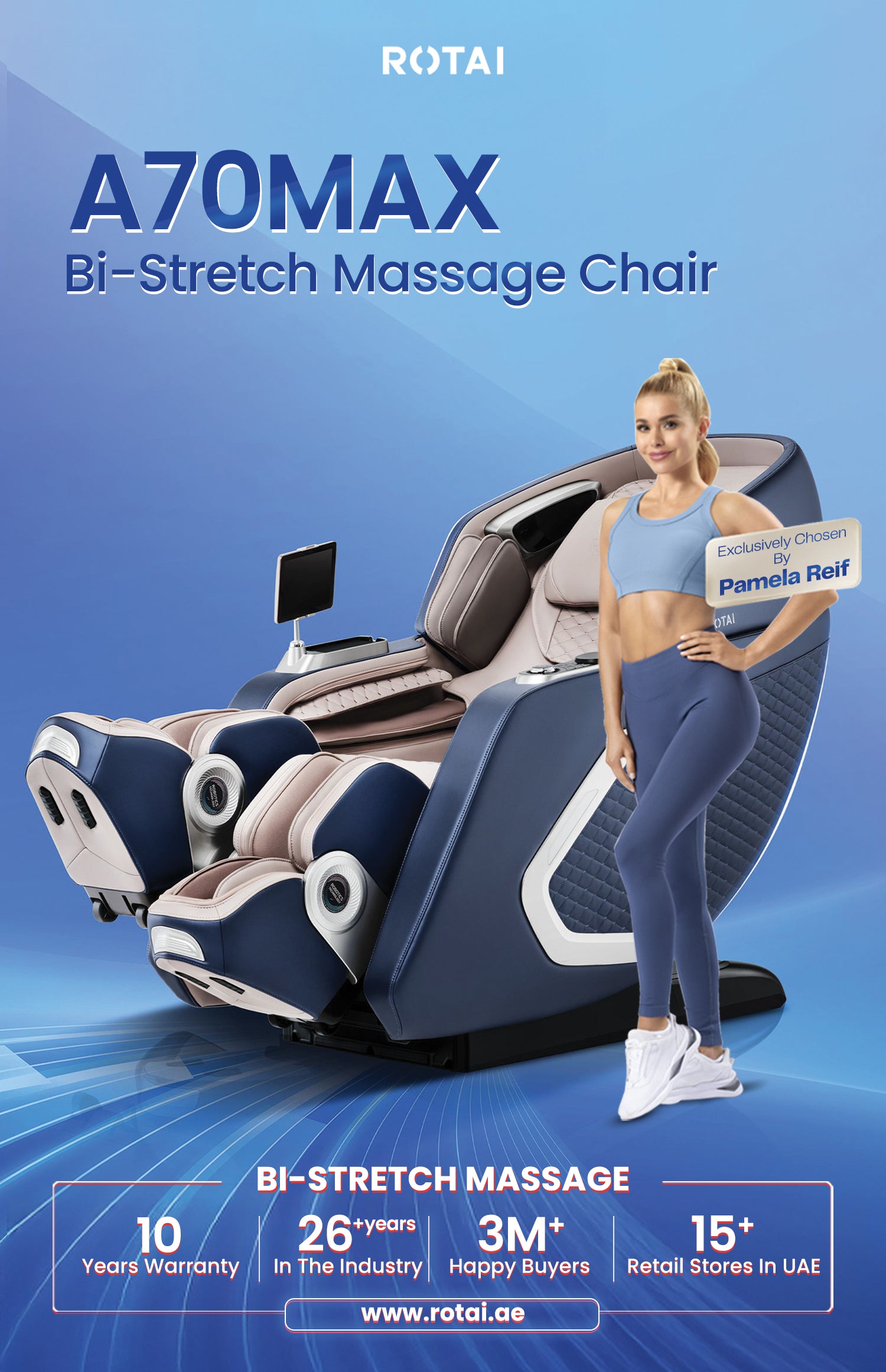 Advertisement for Rotai A70MAX Bi-Stretch Massage Chair with a woman standing next to it on a blue background.