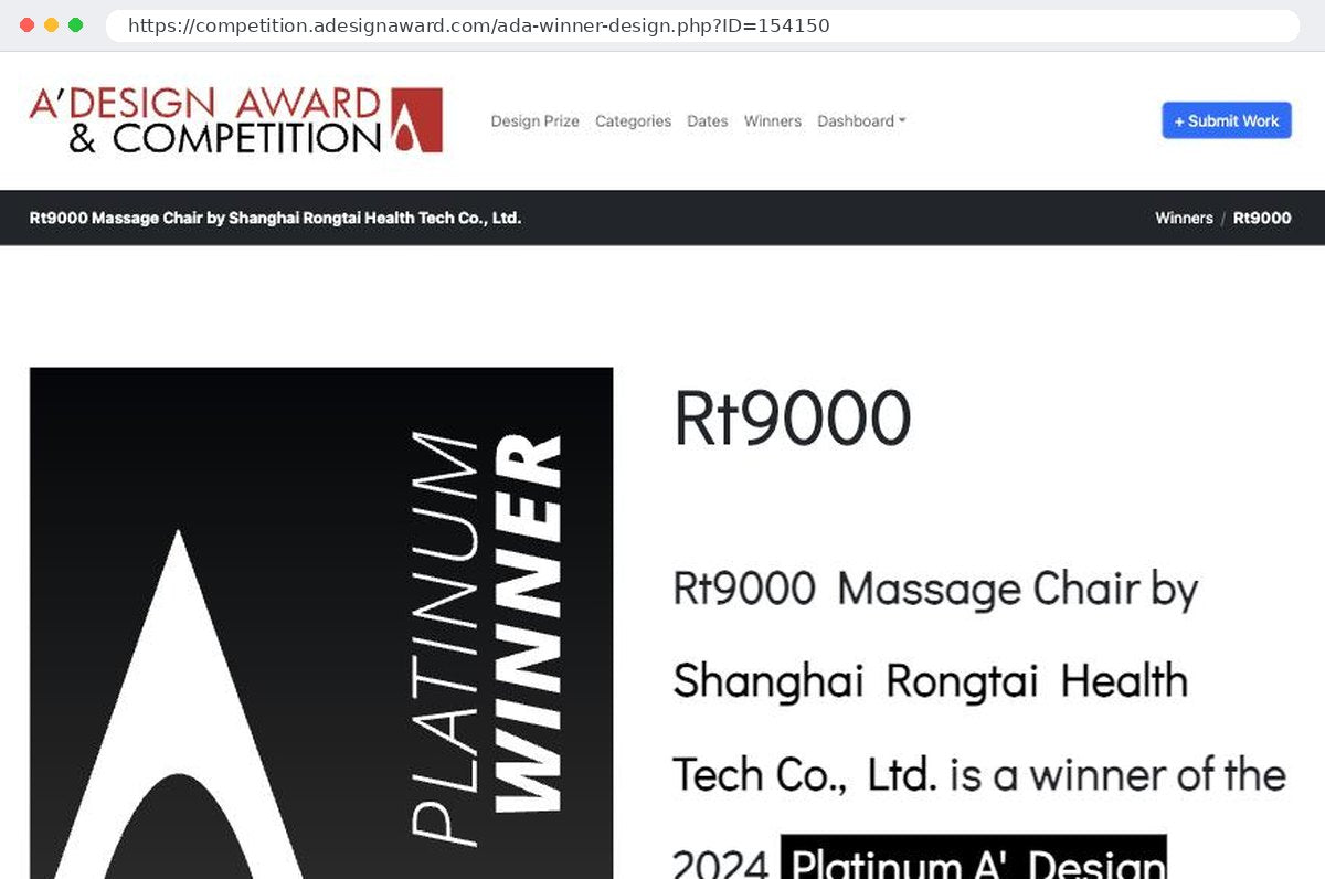 A’ Design Award, Platinum 2024 — official winner page for the RT9000 massage chair
