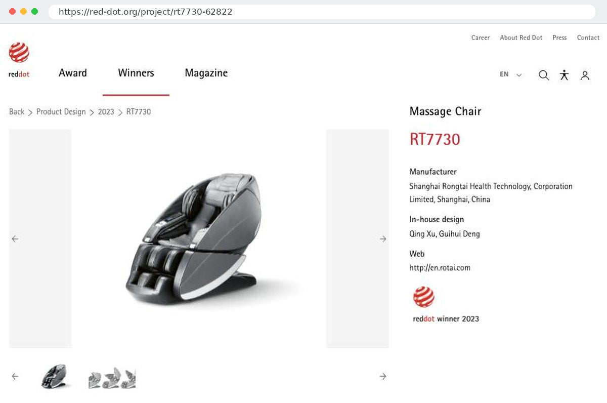 Red Dot Award: Product Design 2023 — official winner page for the RT7730 massage chair