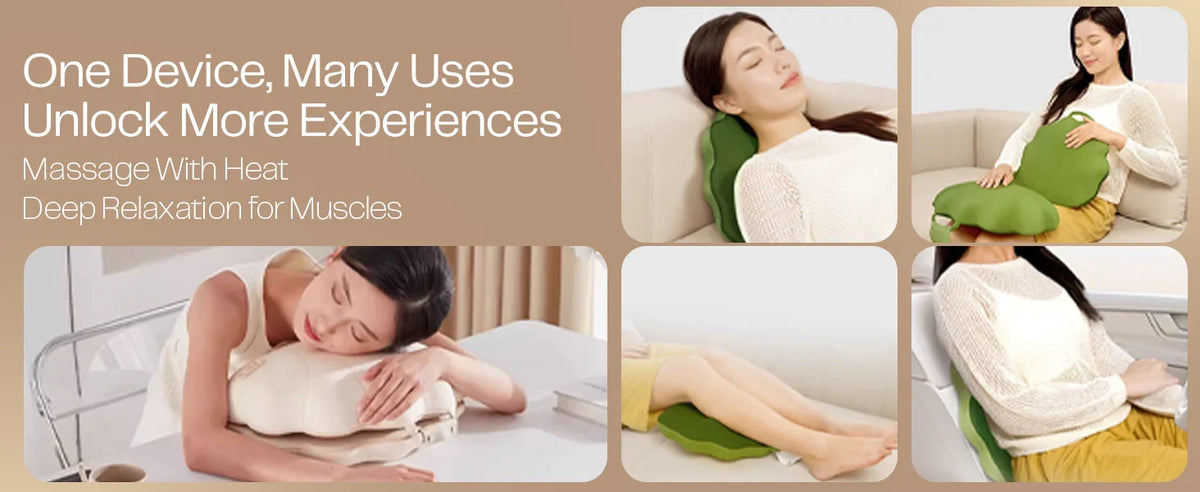 Woman using versatile heated massage cushion for back, neck, abdomen, and legs relaxation