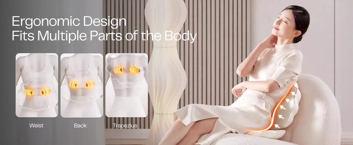 Woman using ergonomic massage chair pad, highlighting waist, back, and trapezius support.