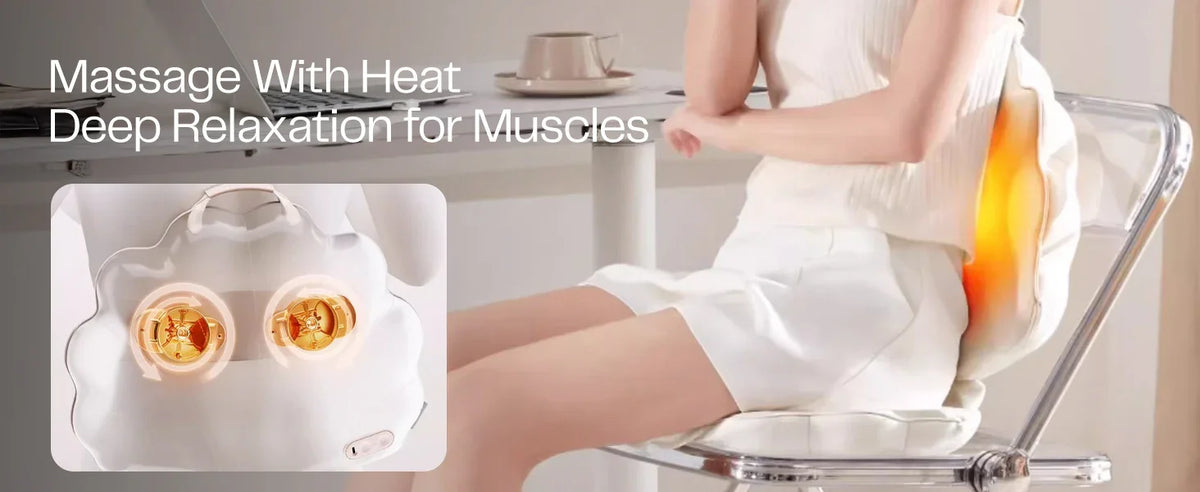 Heated back massager cushion in use on a chair for deep muscle relaxation