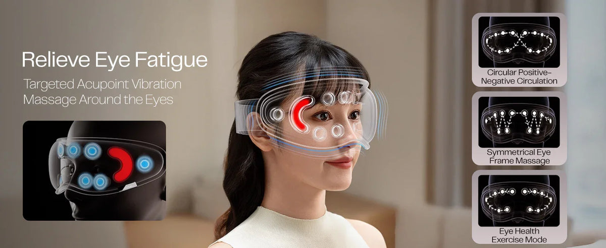 Woman using eye massager headset with acupoint vibration massage features and therapy modes